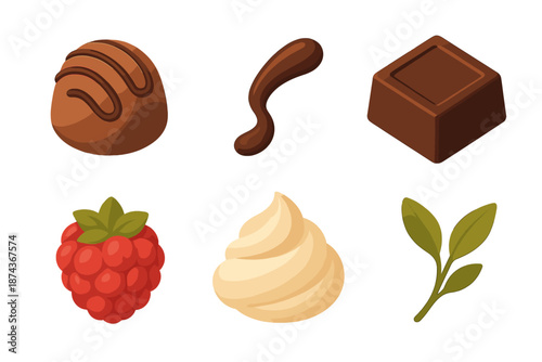 Fine Indulgence Icons. Fine Indulgence set in isometric flat vector : truffle piece, delicate drizzle, rich chocolate square, gourmet berry, soft cream dollop, elegant garnish