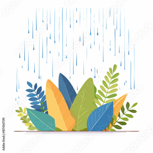 Colorful leaves and foliage falling from above onto a pile of assorted leaves on a flat surface, viewed from the side