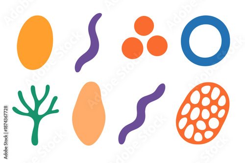 Biomorphic Vector Icons. Biomorphic Shapes vector set in modern flat style : cell-like oval, tendril curve, spore cluster silhouette, membrane ring, branching
