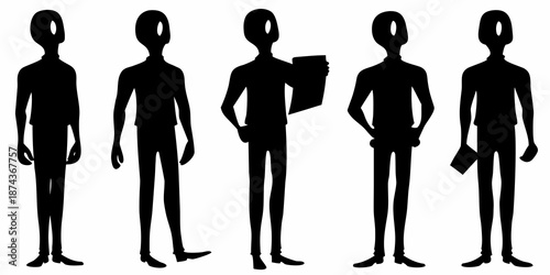 Silhouettes of five slender figures one holding a notebook or tablet