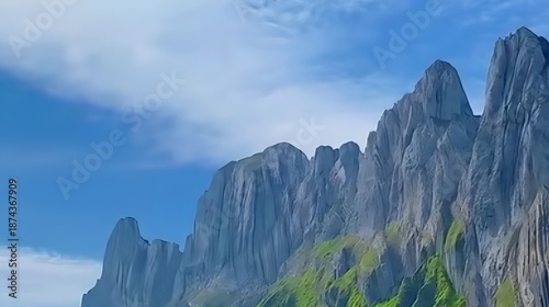 Majestic mountain peaks under a clear blue sky, natural landscape photography.