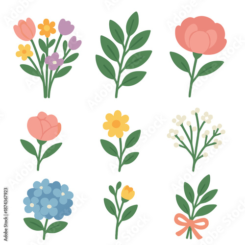 Isometric Floral Icons. Botanical Bouquets set in isometric flat vector : mixed blossoms, leafy filler, peony bloom, baby's breath, hydrangea cluster, garden stem, delicate bud, ribboned bundle