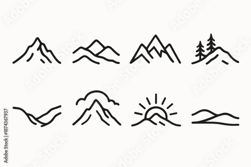 Alpine Skyline Icons. Mountain Skyline Forms set in outline vector style: rugged peak line, layered ridges, alpine skyline, tree-topped slope, valley dip, cloud arc, sunrise crest, horizon contour
