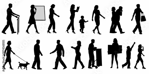 Silhouettes of people walking and interacting in a public space