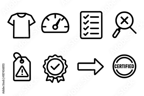 Quality Assurance Icons. Product Quality Assurance set in outline vector style: sample item, tolerance gauge, standard checklist, inspection lens, issue tag,