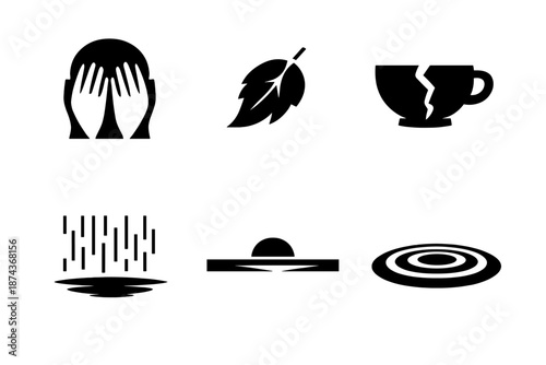 Brutalist Grief Icons. Subtle grief icon set in silhouette bold style. Contain hands covering face, falling leaf, cracked porcelain, quiet rain line, distant horizon, soft ripple