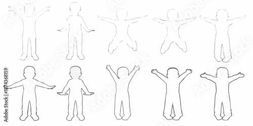 Simple outline drawings of human figures in various poses and perspectives