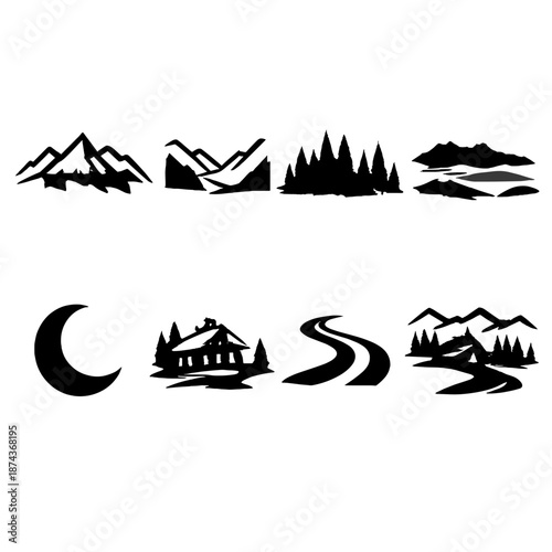 Mountain Silhouette Icons. Mountain skylineset in outline vector style jagged peaks, valley outline, pine forest, ridge silhouette, morning mist, moon crest, alpine cabin, distant path