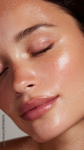 Young woman with smooth glowing skin showcasing healthy hydration, natural beauty, fresh complexion, and a radiant face with closed eyes in a close up portrait enjoying skincare benefits