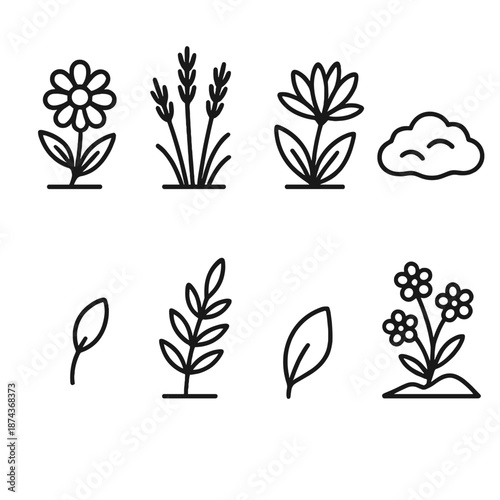 Floral Icon Collection. Wild Bloomscape set in outline vector style: meadow flower, prairie grass, mountain bloom, moss patch, drifting seed, field sprig, wild petal, hillside flora