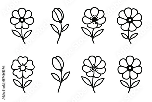 Blossom Outline Icons. Fresh Blossom set in outline vector style : open flower, gentle petal arc, budding stem, soft pollen ring, unfolding bloom, delicate leaf pair, floral ripple, bright core dot