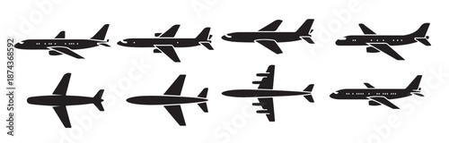  nine black airplane silhouettes illustration set various