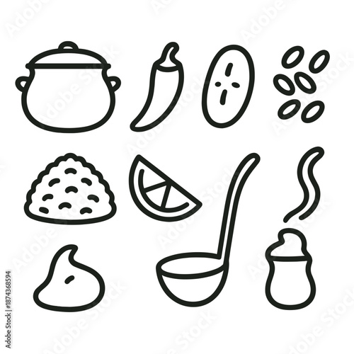West African Cuisine Icons. West African Heritage Cuisine set in outline vector style: jollof-style pot silhouette, chili pod, plantain slice, peanut sprinkle,