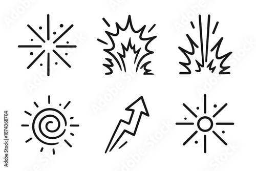 Dynamic Energy Icons. Energy burst set in outline vector style : radiating point, explosive curve, upward beam, shock ripple, surge arrow, glowing node