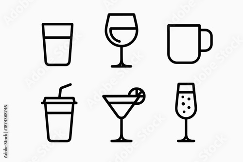 Outlined Beverage Icons. Served Dishes beverages set in outline vector style: water glass, wine glass, tea mug, juice cup, cocktail, sparkling drink