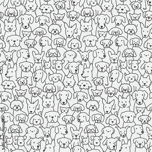Cartoon playful dog crowd pattern. Black and white line art with many cute dog faces of various breeds. Seamless vector background. 