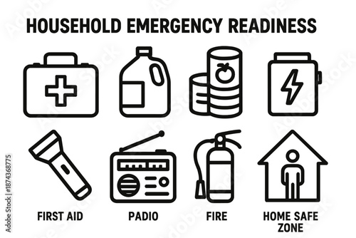 Emergency Kit Essentials. Household Emergency Readiness set in outline vector style: first aid kit, water jug, canned goods, battery pack, flashlight, radio