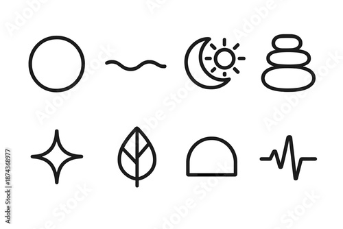 Harmony Icons Design. March 8 Daily Balance set in outline vector style: centered circle, calm wave, sun–moon duo, balanced steps, gentle spark, grounding leaf, harmony arc, steady pulse