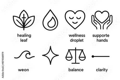 Wellness Icon Collection. Healthcare & Wellness Care set in outline vector style: healing leaf, wellness droplet, calm heart, supportive hands, gentle wave, renewal spark, balance icon, clarity line