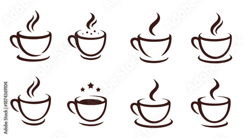 Nine Coffee Cup Icons Brown Steaming Beverage Line Art Designs Plus Takeaway Cup