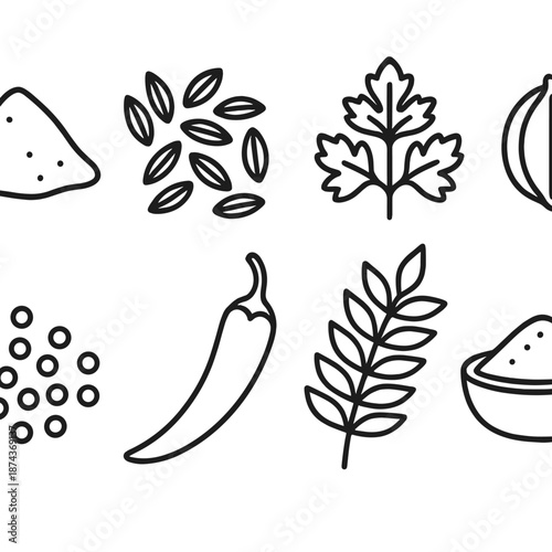 South Asian Spices Icons. South Asian Classic Spices set in outline vector style: turmeric mound, cumin seeds, coriander sprig, cardamom pod, mustard seeds, chili pepper, curry leaf, spice bowl