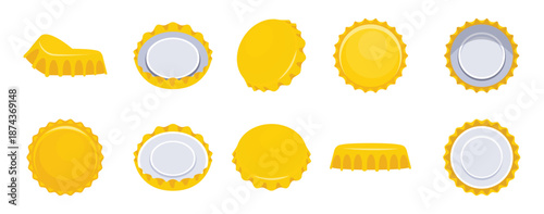  nine yellow bottle caps lying in different positions 
