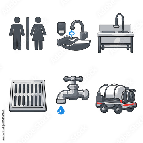 Sanitation Icons Set. Public sanitation infrastructure: public restroom icon, handwash station, sanitation sink, drainage grate, water supply tap, sanitation service cart