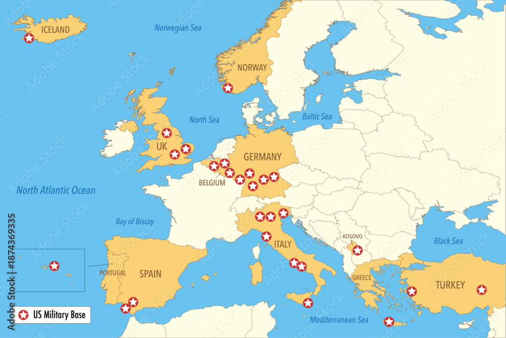Obraz premium Map of US Military Bases in Europe