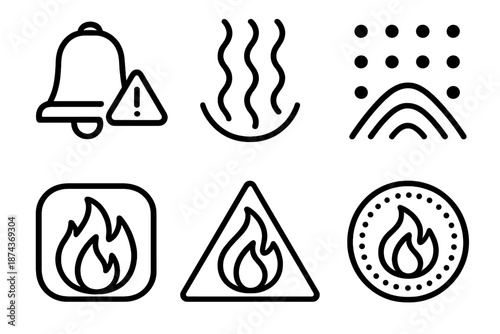Fire Safety Icons. Fire Safety abstract set in outline vector style: alert ring, rising heat waves, pulsing dots, hazard arc, layered shapes, safety pattern