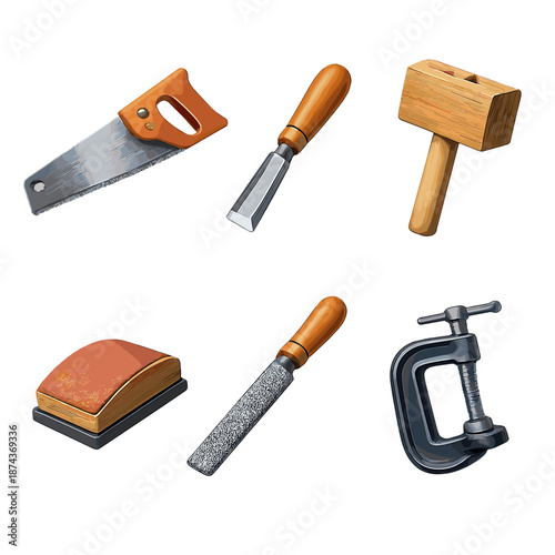 Woodworking Tool Icons. Woodworking craft tools: hand saw, carving chisel, mallet, sanding block, wood file, clamp