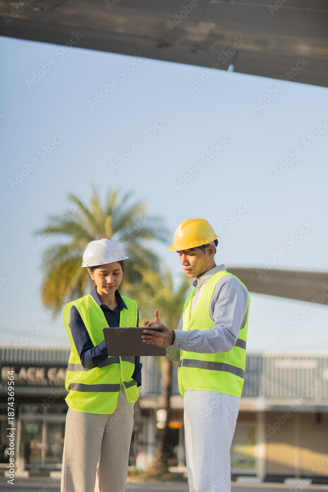 Obraz premium Professional engineers wearing safety helmets are reviewing blueprints on a tablet and discussing manufacturing projects with colleagues, emphasizing safety, teamwork, planning, and industry