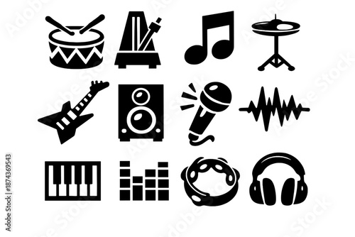 Brutalist Music Icons. Music Rhythm icon set in silhouette bold style. Contain drum, metronome, note, cymbal, guitar, speaker, microphone, waveform, piano key, equalizer, tambourine, headset