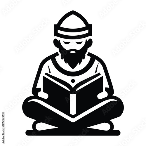Young Muslim man sitting and reading the Quran with spiritual devotion Islamic lifestyle vector
