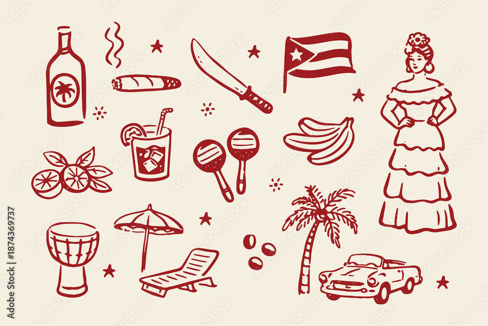 Fototapeta premium Cuban travel doodle icons set hand drawn vector illustration
