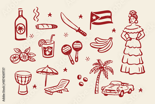 Cuban travel doodle icons set hand drawn vector illustration