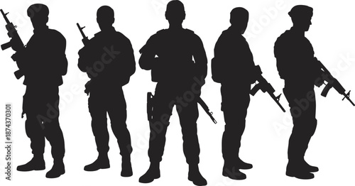 Silhouetted soldiers with rifles, tactical gear, military formation, defense concept, black illustration, armed forces, security theme, combat stance