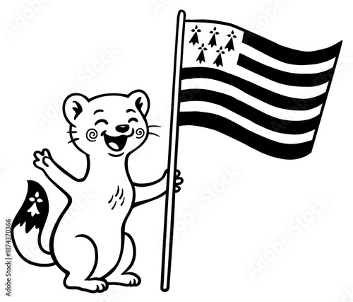 Cute Ermine Holding Breton Flag, Vector Illustration of Brittany Regional Symbol in Simple Line Art Style