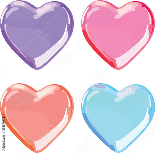 Collection of Glossy Colorful Hearts, Sweet Candy Gummy Love Symbols for Valentine's Day and Romance
