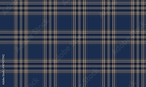 Seamless plaid fabric in blue, beige, and black, perfect for fashion design, clothing, skirts, and trousers in a modern, simple yet unique style.
