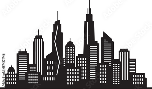 Modern City Skyline Silhouette Vector Illustration, Abstract Urban Cityscape Outline Icon with Tall Buildings and Skyscrapers on a White Background