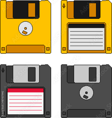 Pixel art floppy disk collection. Black and yellow diskettes front and back views