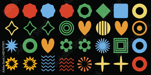 Colorful geometric shapes arranged in rows circles squares diamonds and more