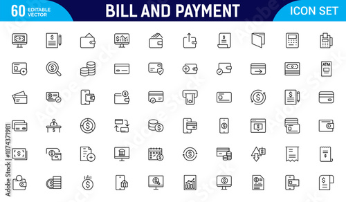 Bill and Payment Outline icon set. Containing finance related icons. bill, receipt, invoice, document, atm, cash, cryptocurrency, blockchain. Thin outline icons pack. Vector illustration