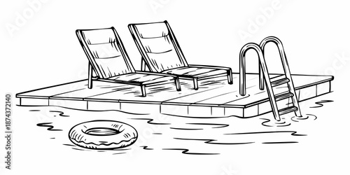 A sketch of a poolside deck with lounge chairs and a swimming pool