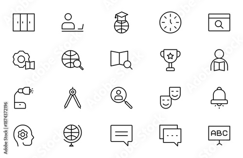 Academic line icon set. studying and science. Includes human brain, fields of study, graduation, school, university and knowledge. Thin outline icons pack. Vector illustration