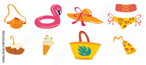 Vector summer items. Women's beach elements. Summer сlothes, bag, hat, sun cream, cosmetic bag, swimsuit, ice cream, inflatable circle. Flat illustration.