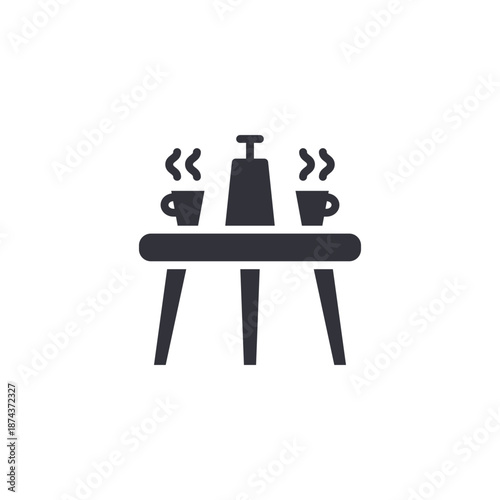 Tea serving table with kettle and cups icon symbolizing tea ceremony setup, hospitality arrangement, and beverage presentation.