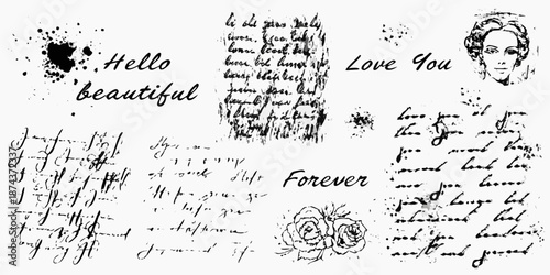 Vintage aesthetic collage featuring handwritten text floral elements and a portrait