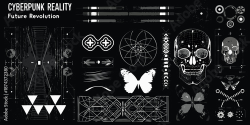 Cyberpunk schematic a dark futuristic design with skulls and butterfly motifs
