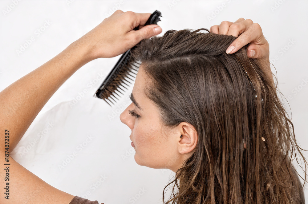 Obraz premium combing unruly wet hair, hair care
